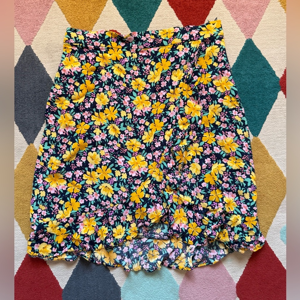 Skies Are Blue Navy Skirt with Yellow & Pink Floral Print - Size M